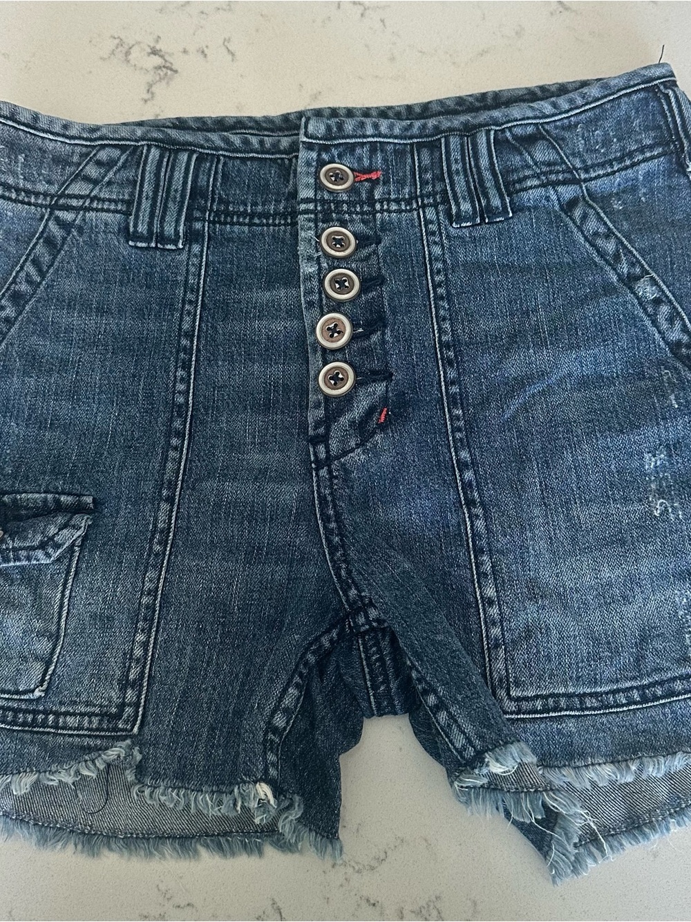 Anthropologie Dark Blue Button-Front Frayed Hem Denim Shorts